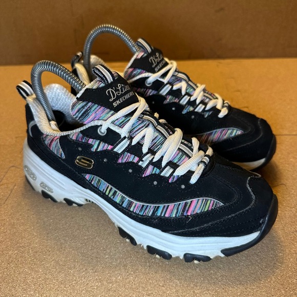 Skechers Shoes - Skechers D'Lites Sneakers Womens 7.5 Black Multi Color Stripe Leather 11978 BKMT